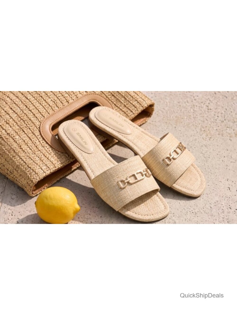 Woven Raffia Flat Slide Sandals with Gold Chain - Picture 6 of 6
